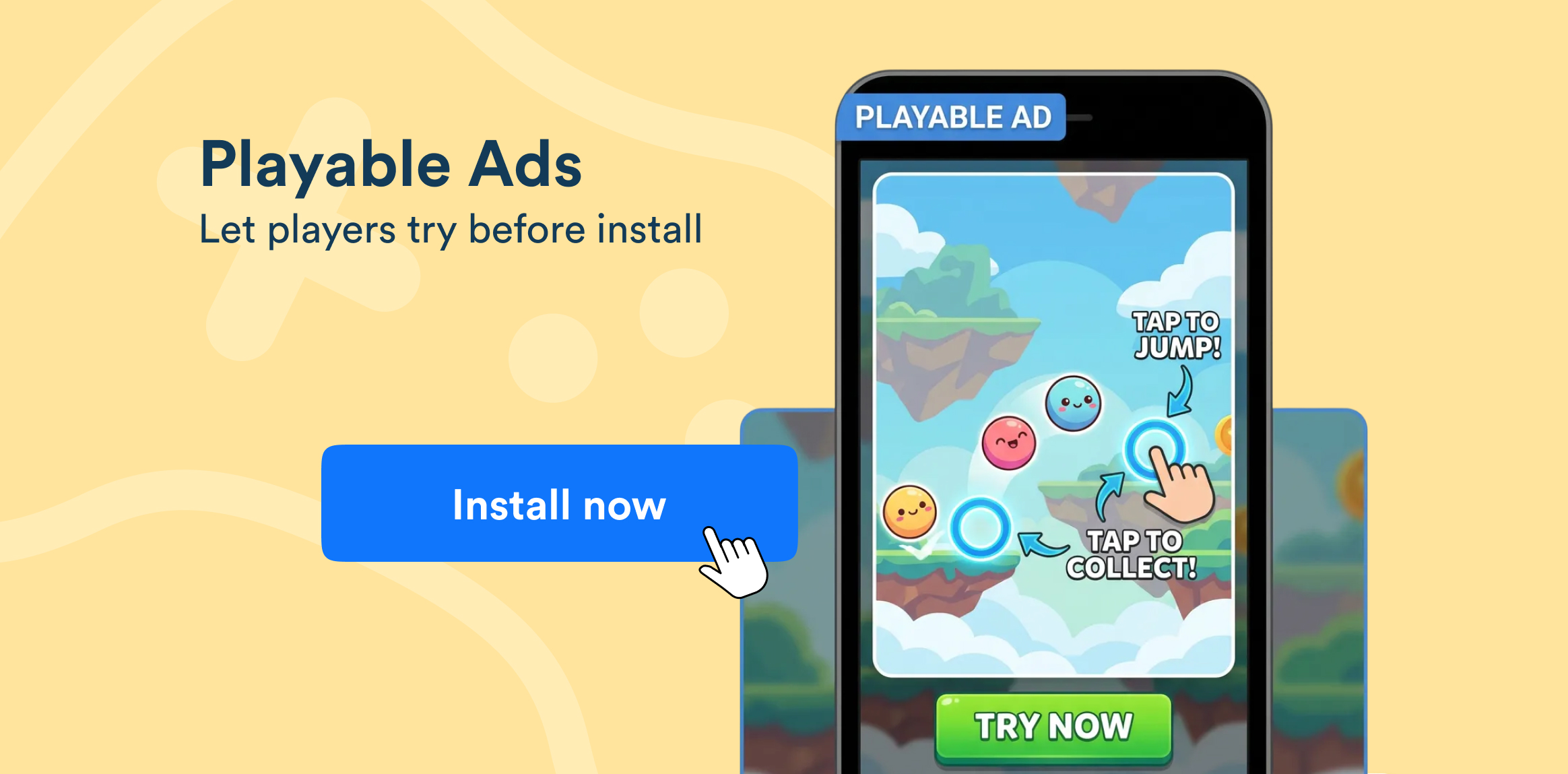 Banner ad promoting playable ads with a smartphone game screen and a blue 'Install now' button on a yellow background.