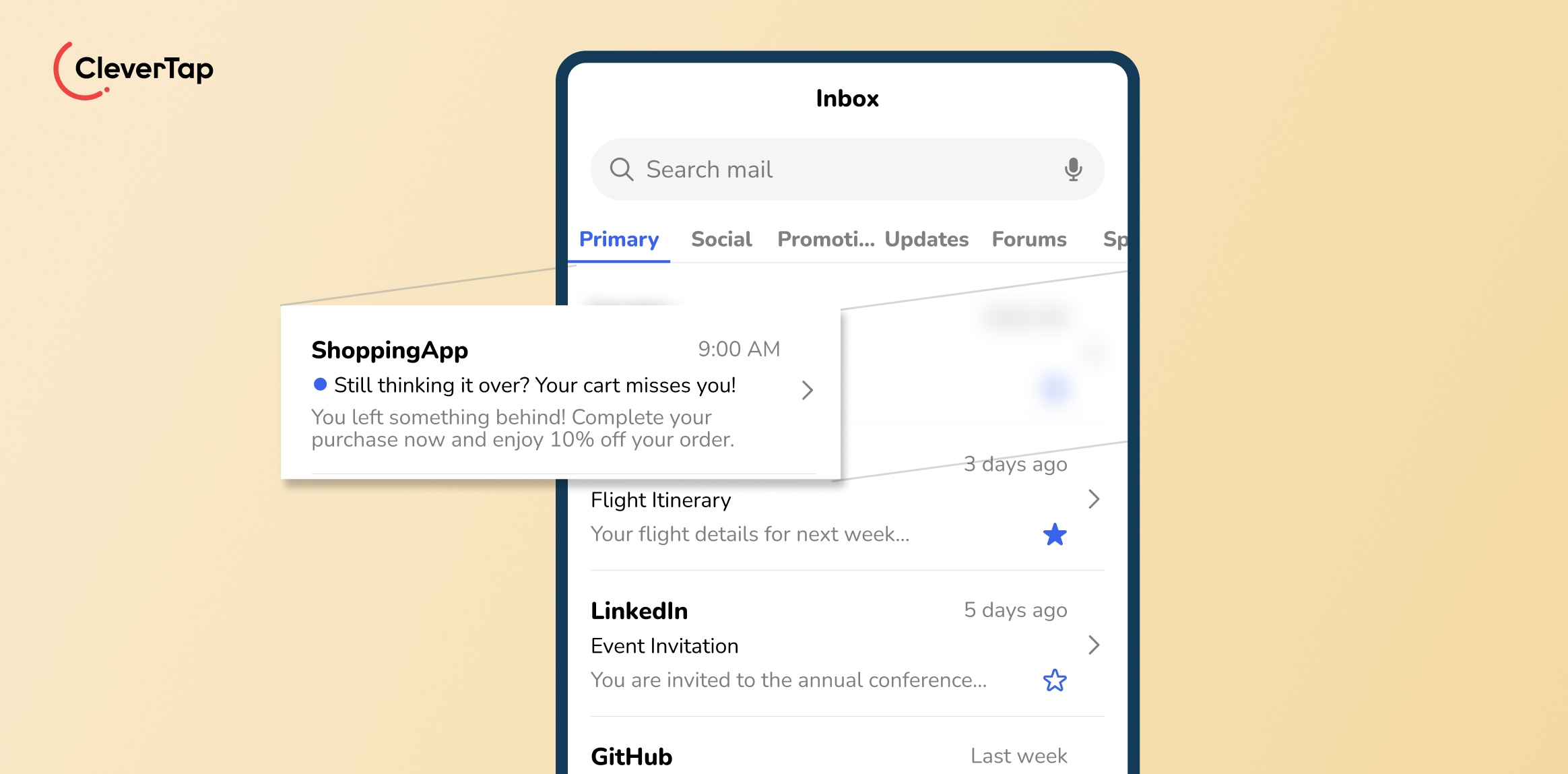 Preview Text that supports the subject - Smartphone inbox screen showing Primary tab with a floating shopping notification: 'Still thinking it over? Your cart misses you!' and 10% off offer on left side