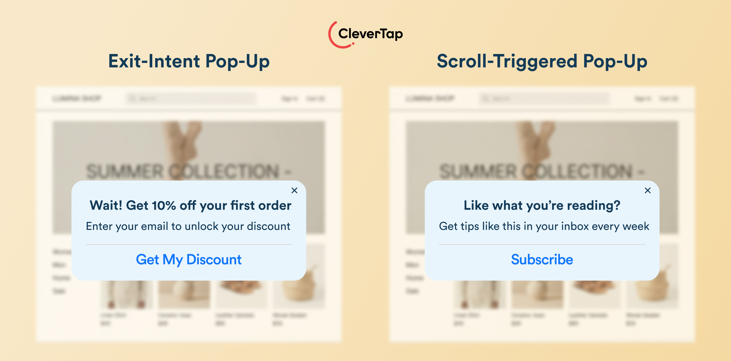 Types of Email Popups - Comparison of two website pop-ups: left shows Exit-Intent Pop-Up with a discount offer; right shows Scroll-Triggered Pop-Up inviting newsletter subscription. Both overlay a blurred product grid with a tan background.