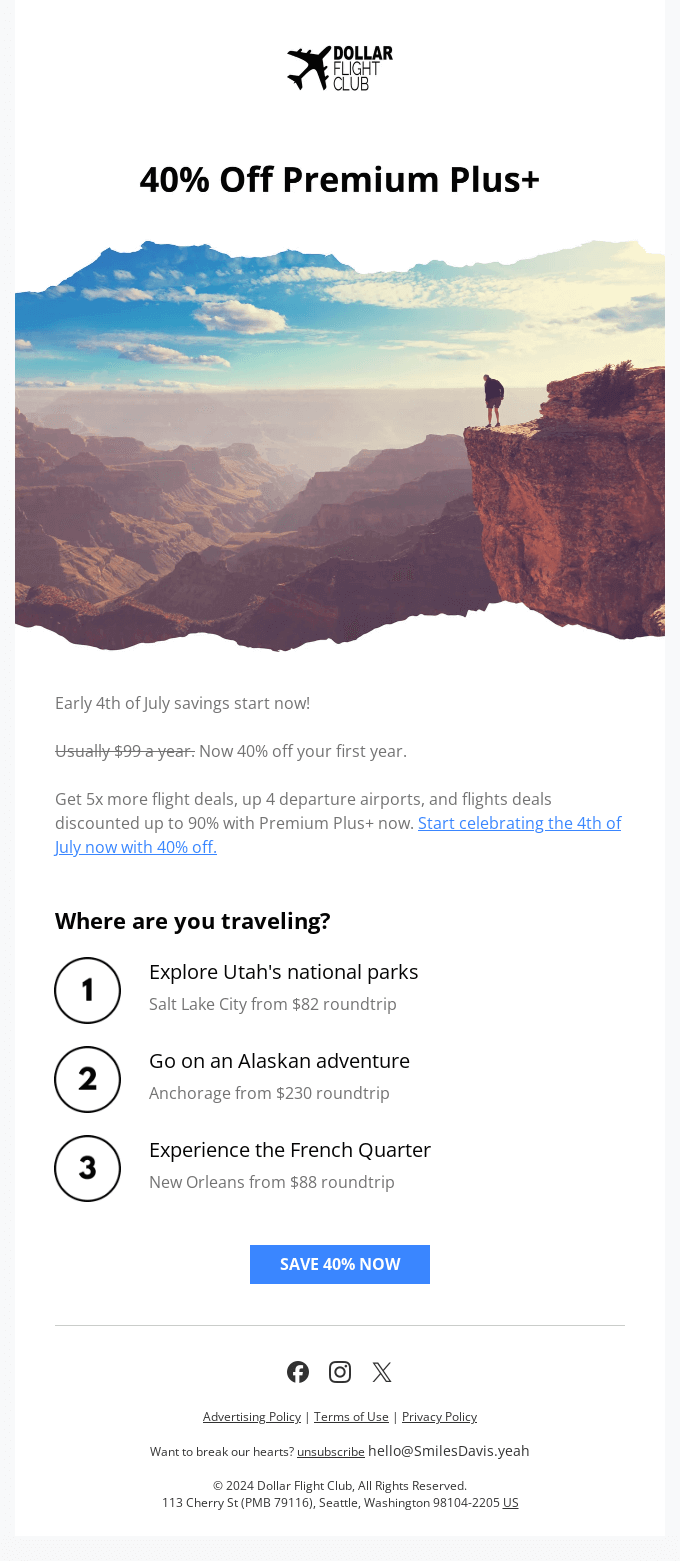 Dollar Flight Club 4th of July Email Marketing