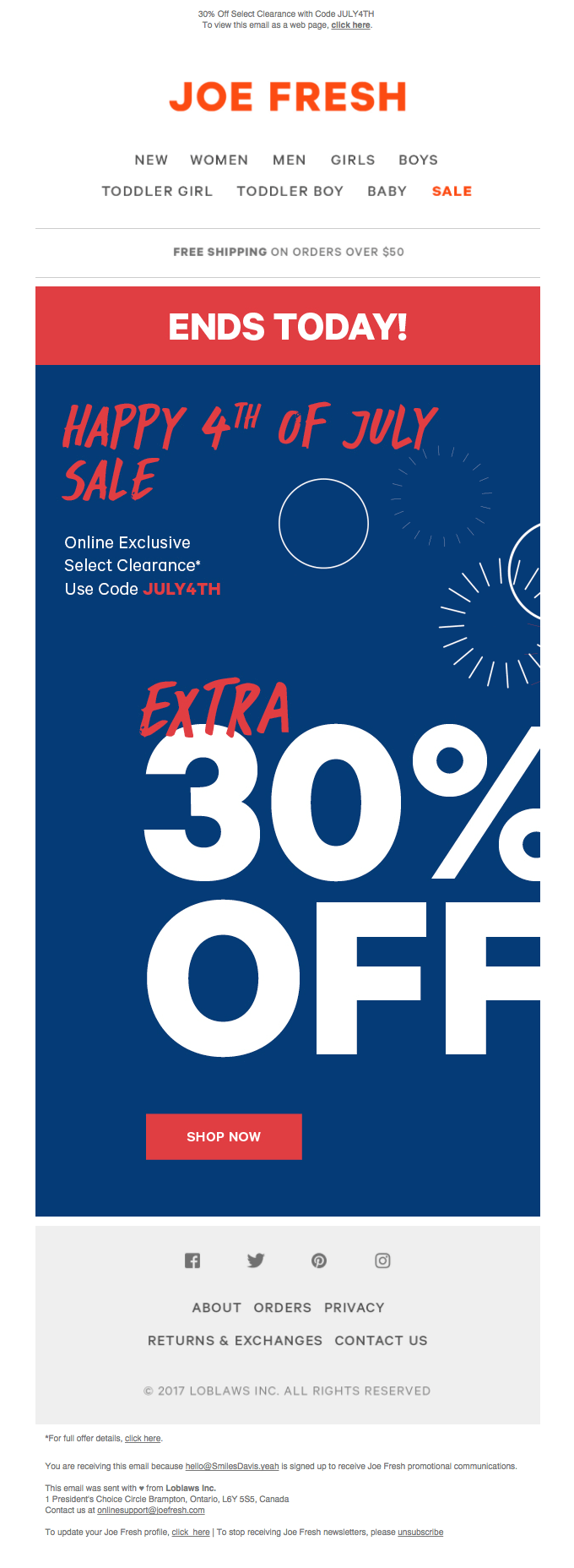Joe Fresh 4th of July Email Marketing