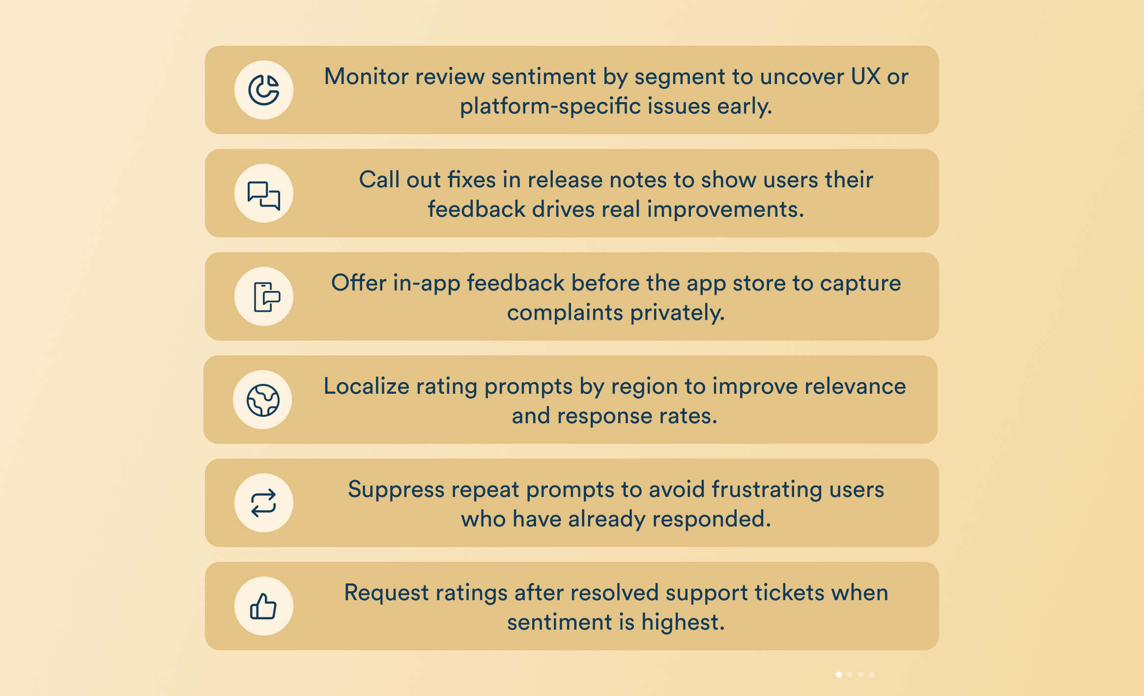 Use NPS as a Review Filter. Infographic showing a vertical stack of rounded beige cards with icons and UX tips about gathering feedback and improving user experience.