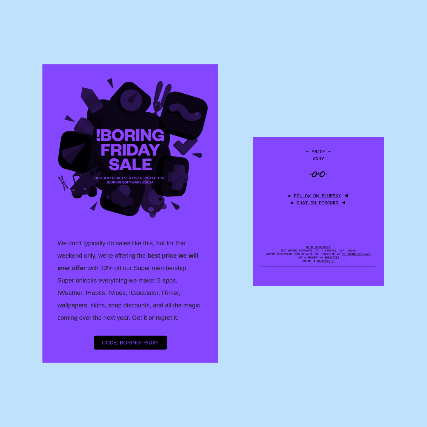 Black Friday email marketing - !boring software