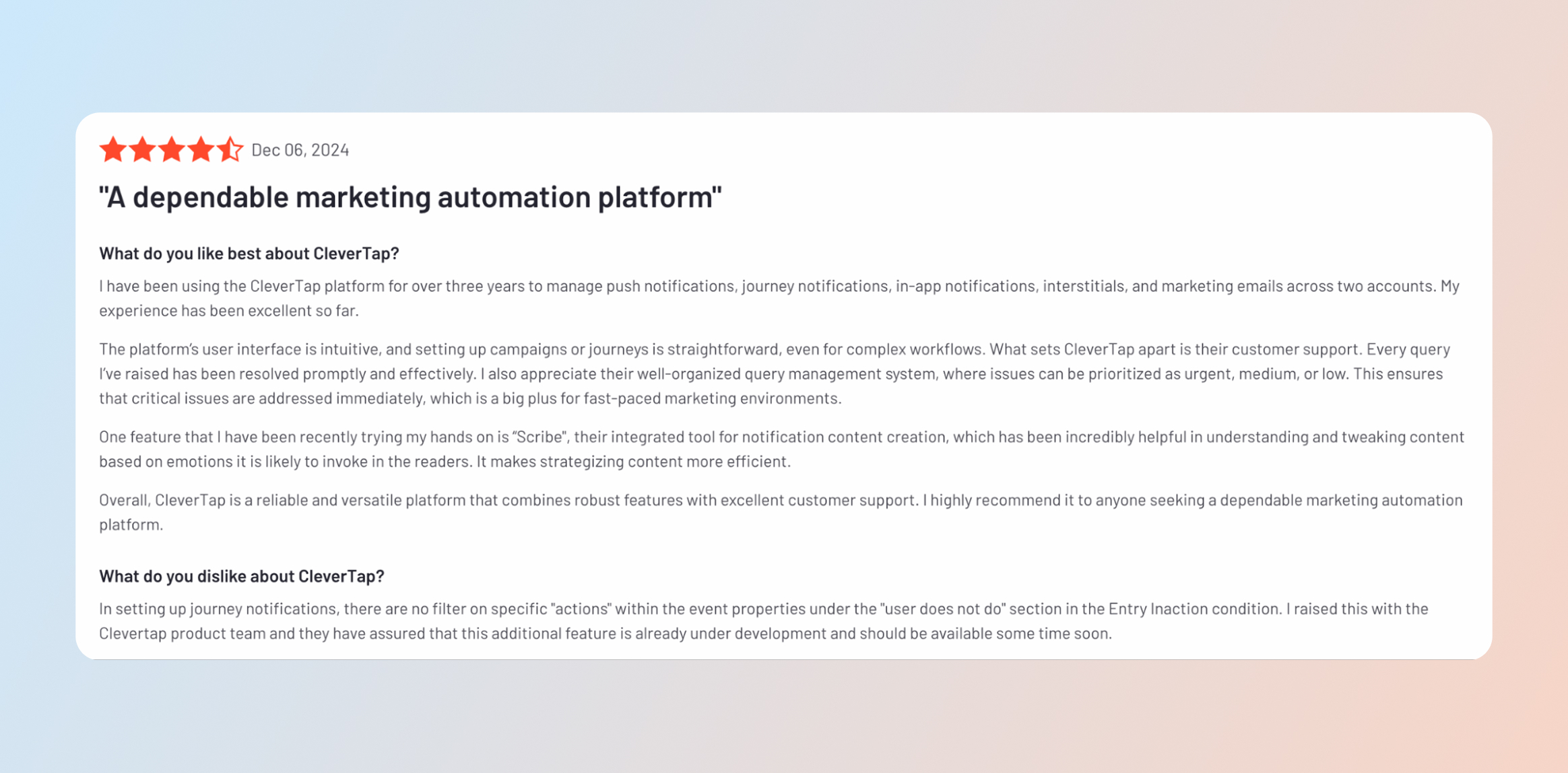 Testimonial card showing a five-star rating, date, and the headline 'A dependable marketing automation platform' with review paragraphs below.