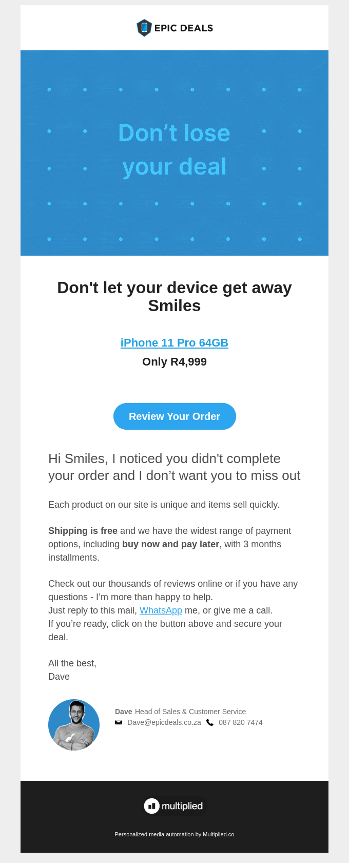 Epic Deals Abandoned Cart Email Example