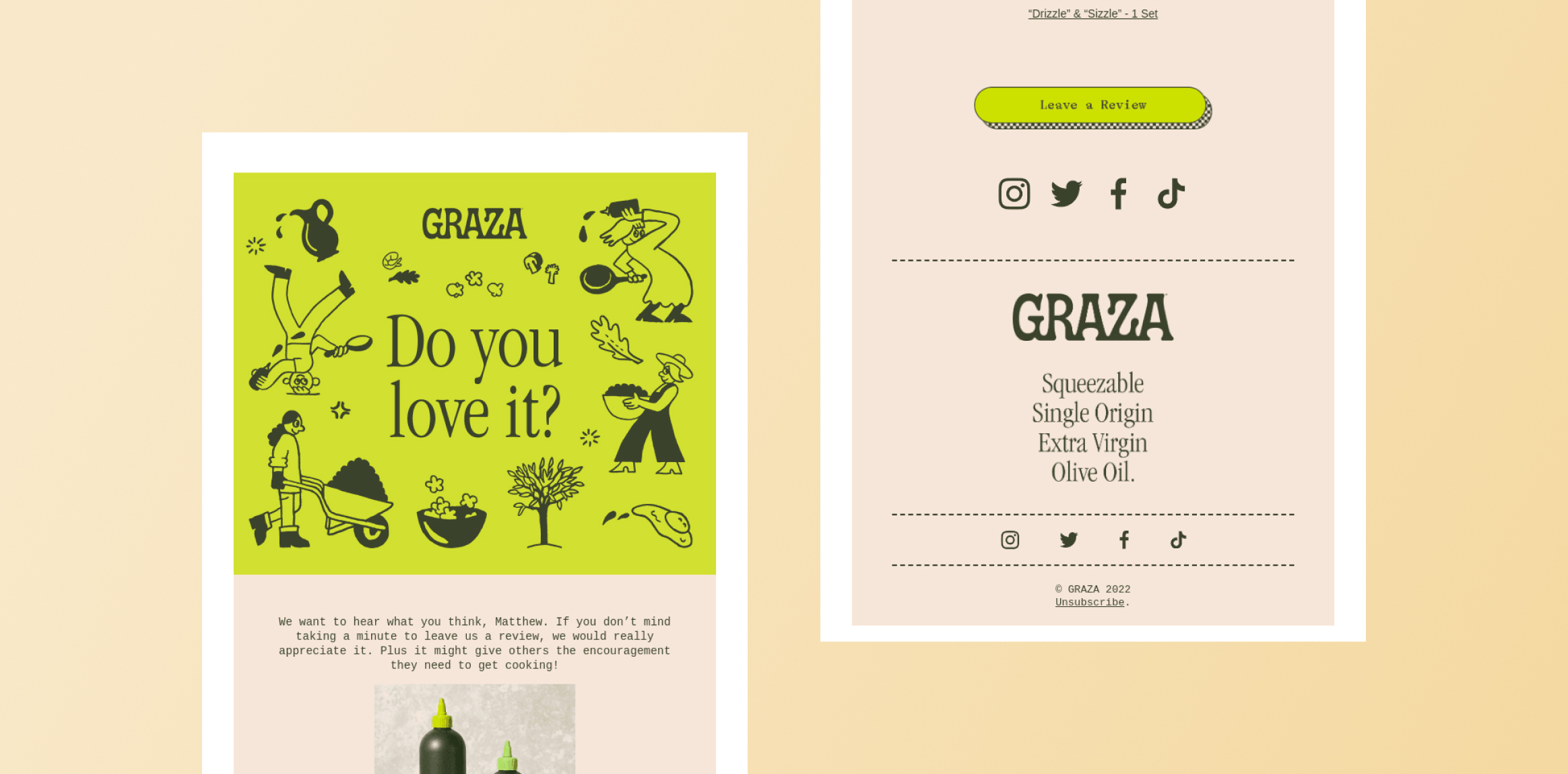Lime-green Graza poster with black illustrations and the words 'Do you love it?', featuring people and plants. The image is a bold promotional graphic on a pale background. Graza Feedback Rating Form - Interactive Email examples