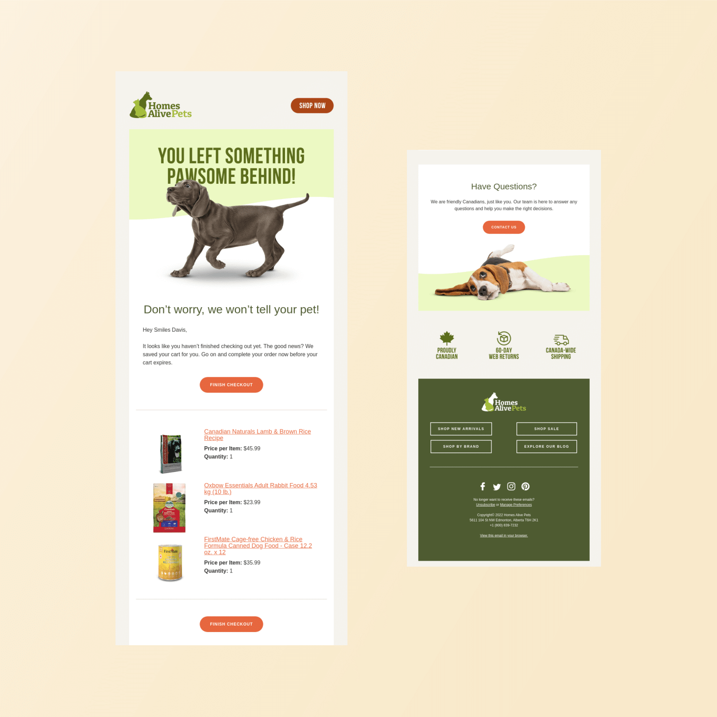 Homes Alive Pets abandoned cart email examples