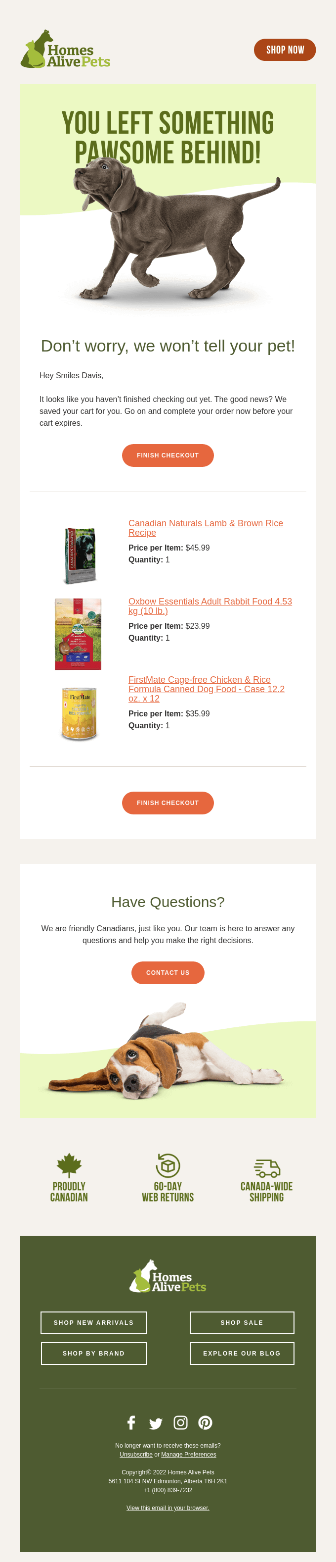 Homes Alive Abandoned Cart Email Example