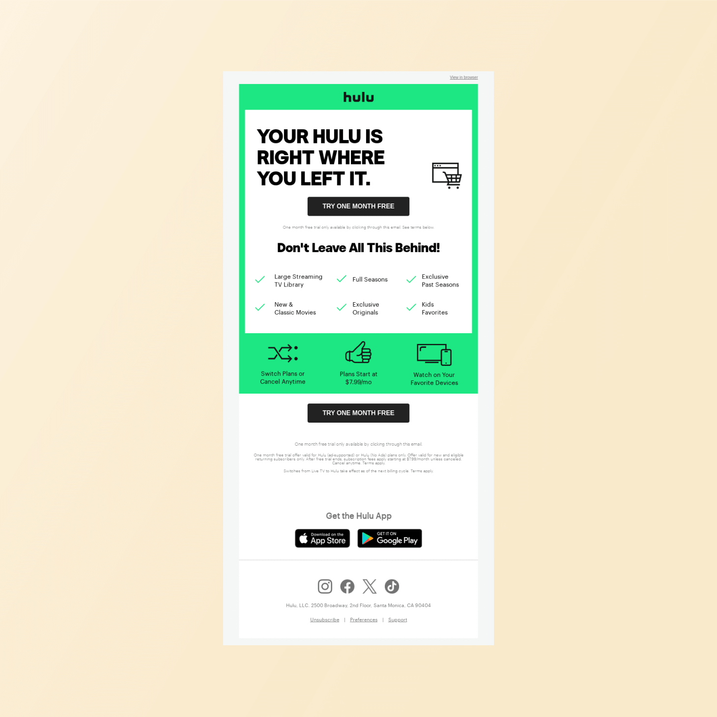 Hulu abandoned cart email examples