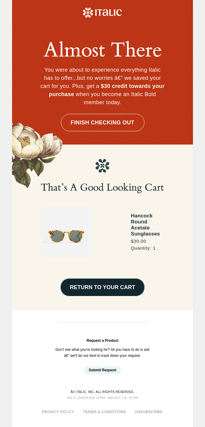 Italic Abandoned Cart Email Example