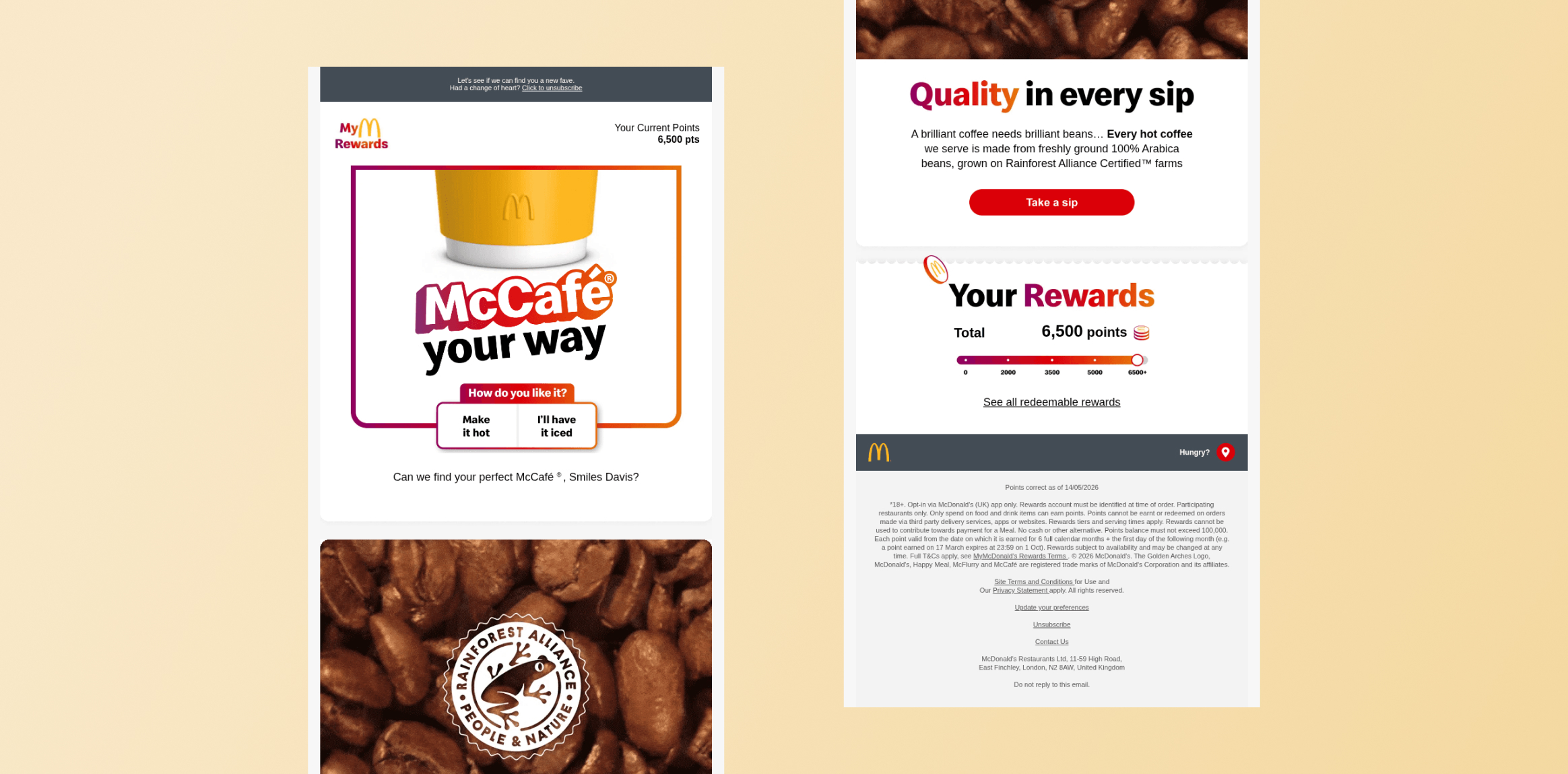 Promo collage showing McCaf&eacute; advertisement with a coffee cup, 'your way' branding, and rewards points on the left panel; right panel shows 'Quality in every sip' and a red 'Take a sip' button. McDonalds Interactive Product Catalog - Interactive Email Example