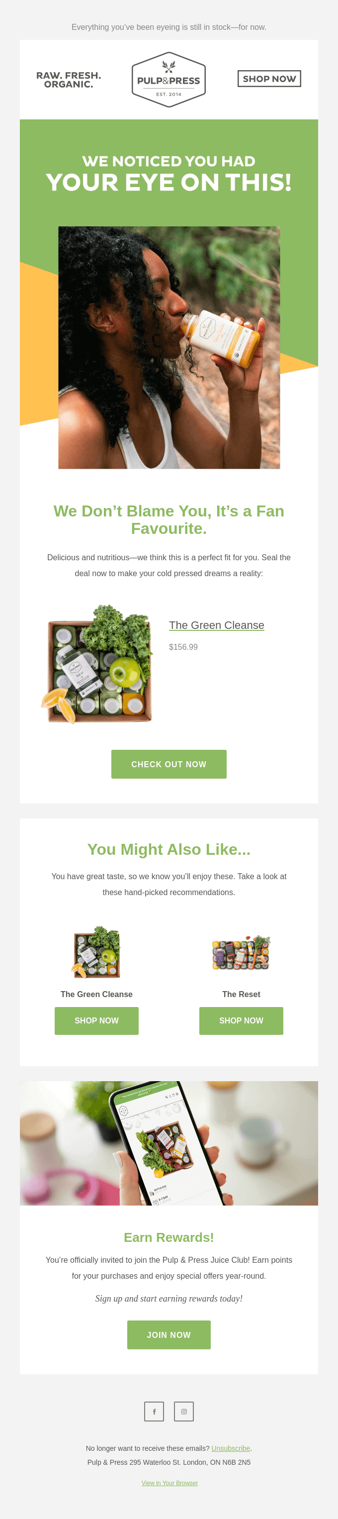 Pulp & Press Abandoned Cart Email Example