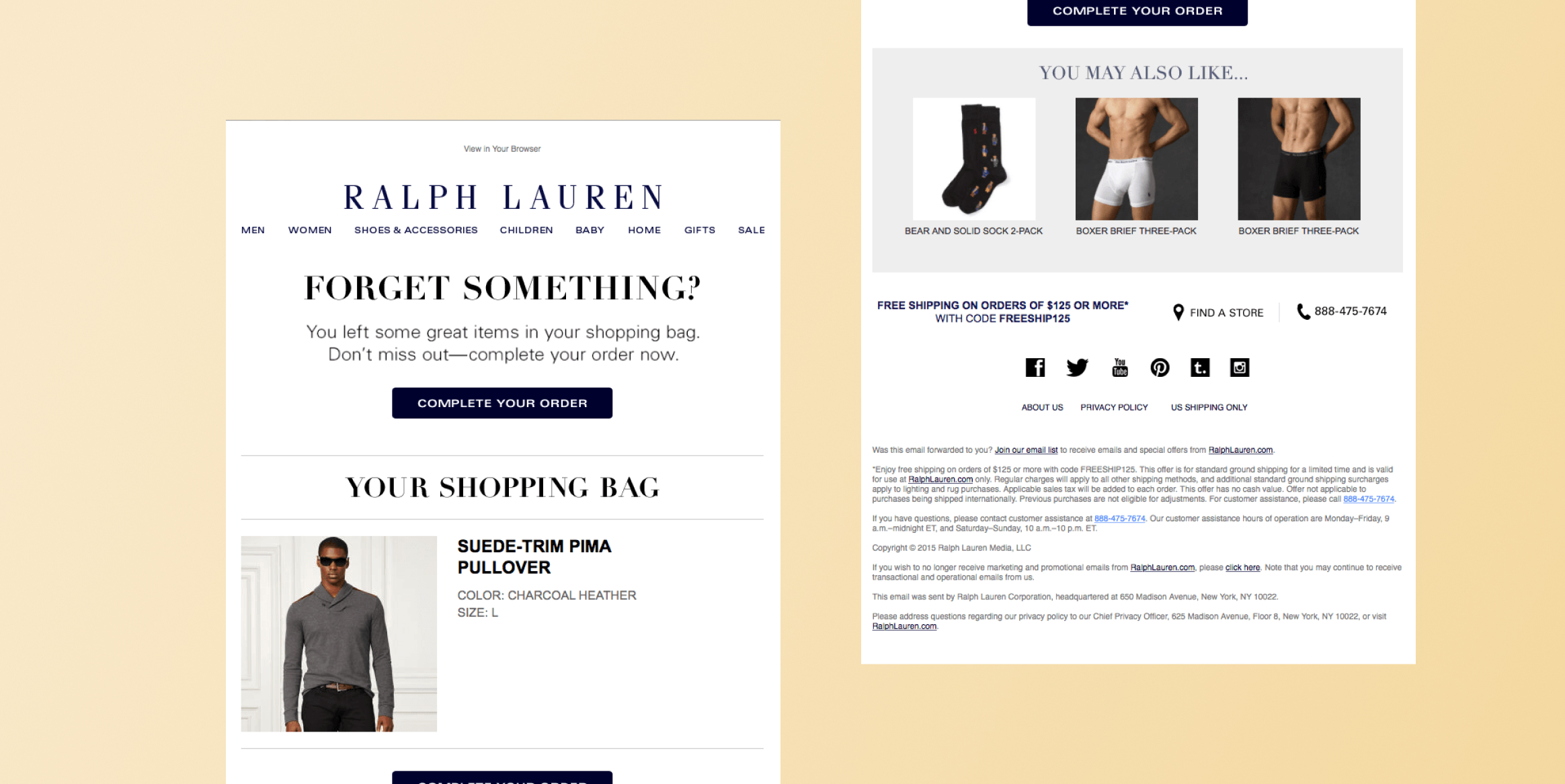 Ralph Lauren promotional email: 'Forget Something?' message with a navy CTA button reading 'Complete Your Order' and shopping-bag section on a pale background. Ralph Lauren Add-to-Cart or Shoppable Email - Interactive Emails