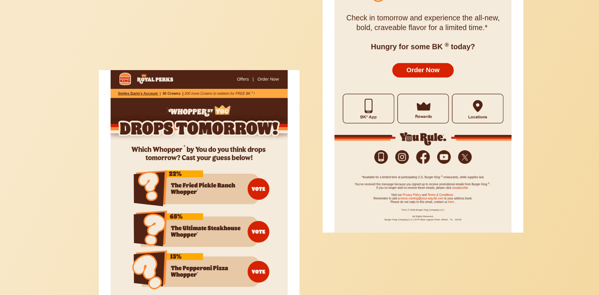 Two Burger King promo panels: left shows a 'Drops Tomorrow' poll with vote buttons; right shows an 'Order Now' CTA with app, rewards, and locations icons. Royal Perks In-email survey polls - Interactive Email examples