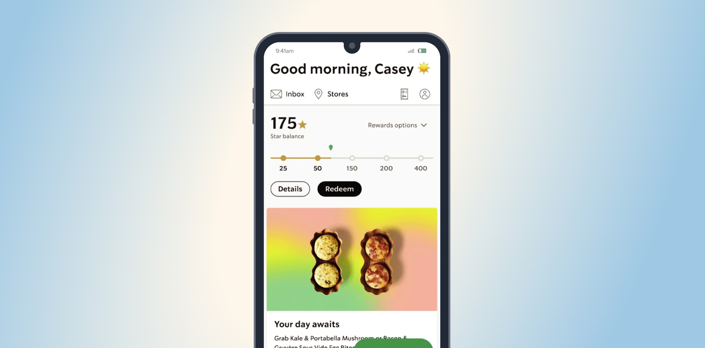 Starbucks Rewards In Coffee:Retail. Phone screen showing a personalized greeting 'Good morning, Casey' with 175 star balance, a progress track, and Details and Redeem buttons—below is a colorful food image.