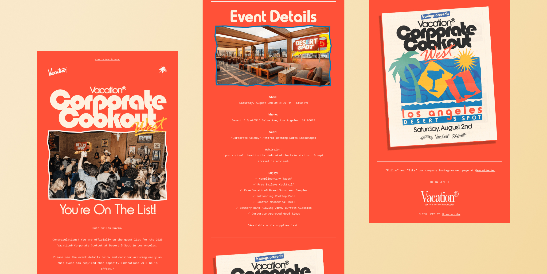 Three vertical posters in a red/orange hue on a beige backdrop, advertising a Vacation Corporate Cookout event with themes like Los Angeles desert spot and West coast graphics. The Corporate Cookout West RSVP Appointment or Booking - Interactive Emails
