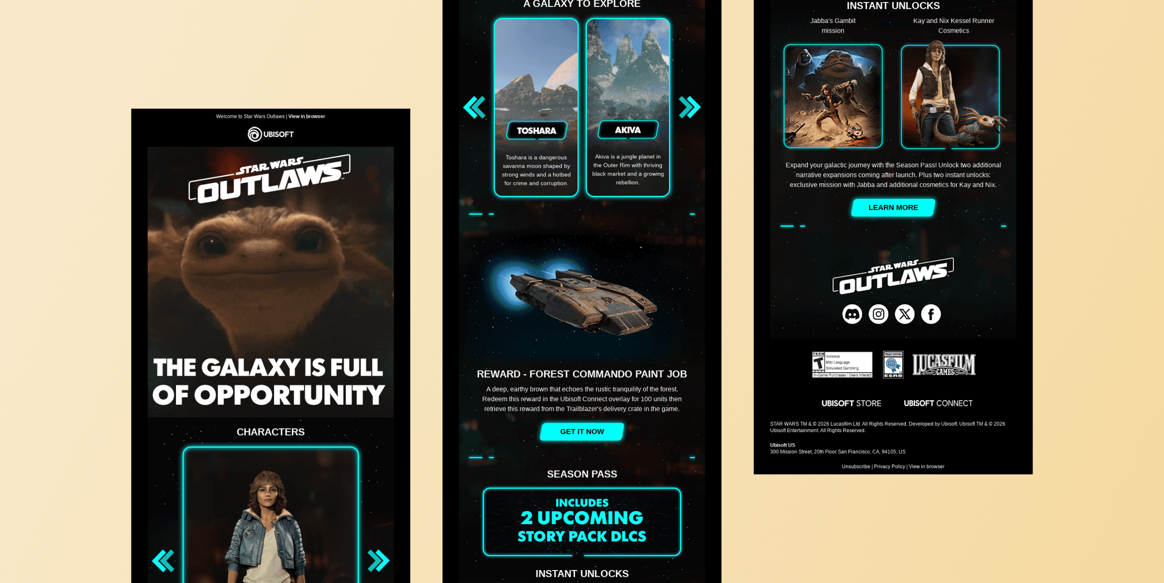 Triptych mobile promo screens for Star Wars Outlaws with neon teal panels, space background, and character images plus taglines like 'The galaxy is full of opportunity' (informational image). The OutLaws product carousel - Interactive emails