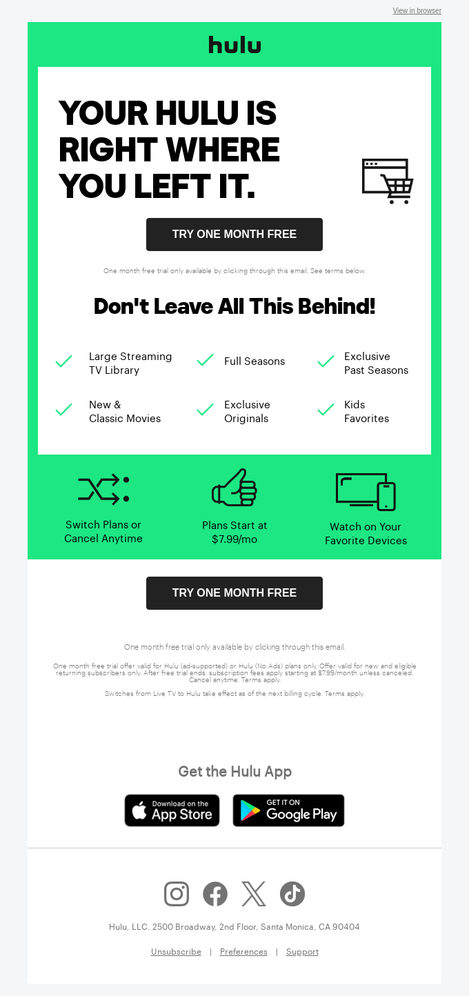 hulu Abandoned Cart Email Example