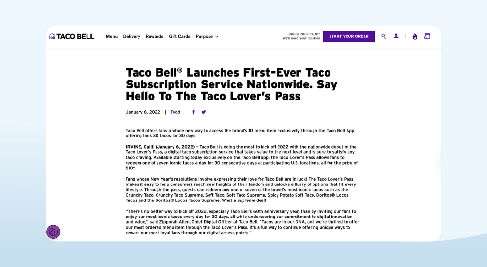 Subscription and Membership Loyalty Program Examples by Taco Bell: Taco Lover’s Pass