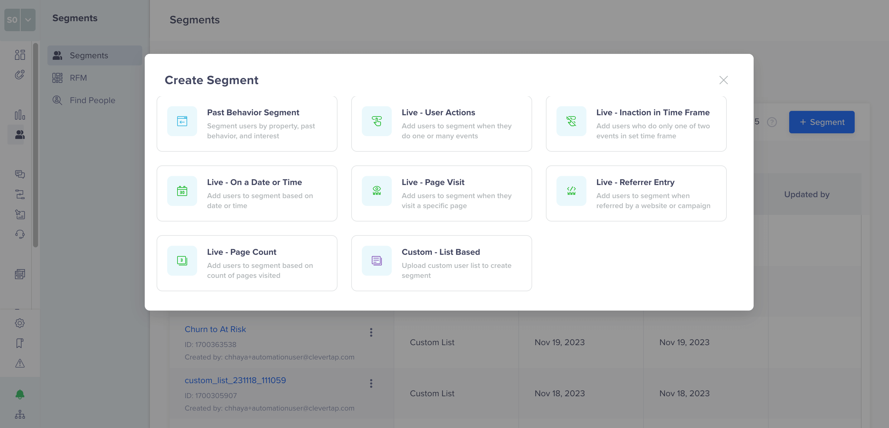 NextGen Segment Builder CT: types of segments