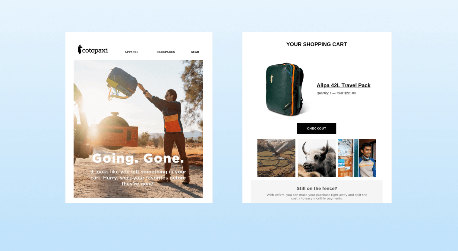 Abandoned cart email templates - cotopaxi
