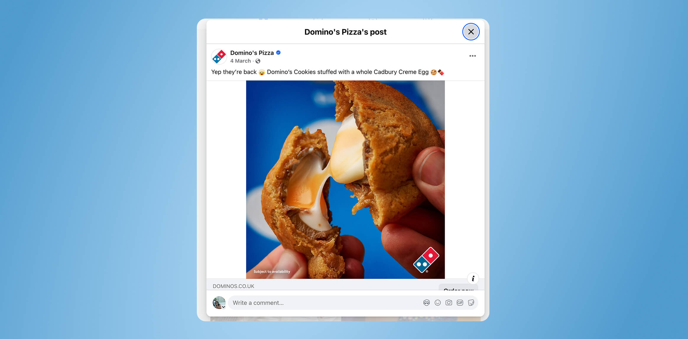 Domino’s x Cadbury Creme Egg Cookie Easter marketing campaign idea