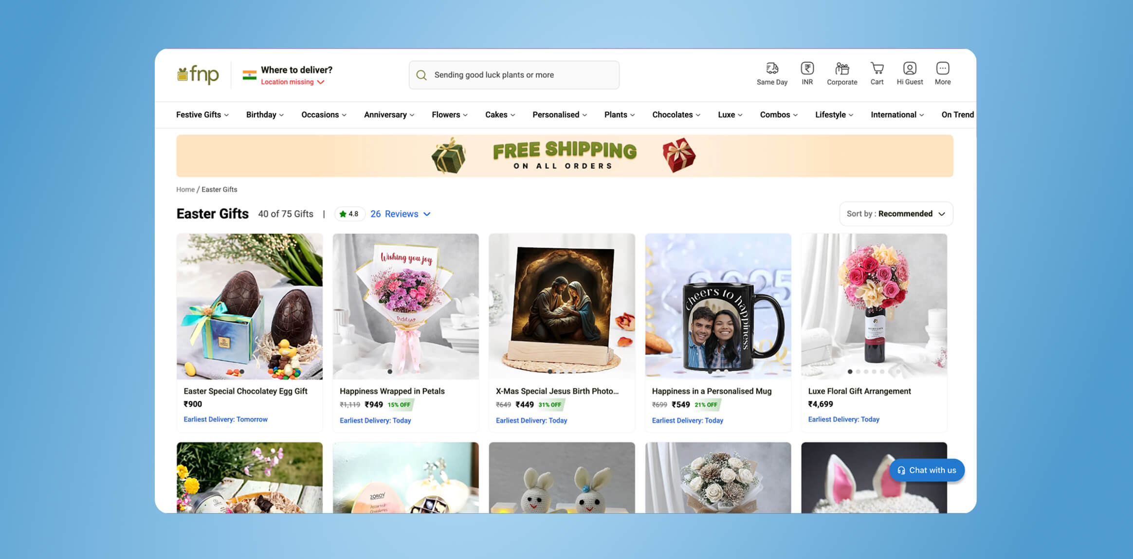 Ferns N Petals’ Easter landing page Free Shipping complimentary delivery Easter marketing campaign