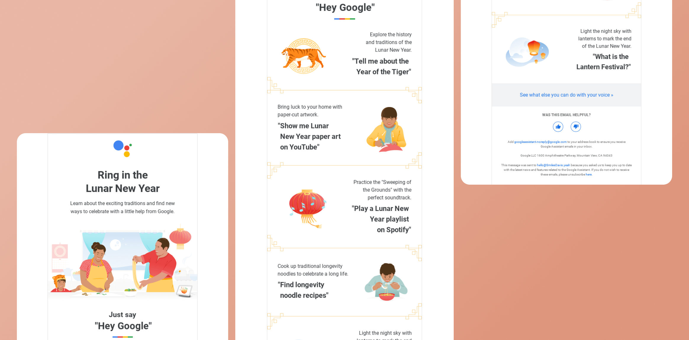 Google Assistant Lunar New Year collage with tips: 'Hey Google', ring in the Lunar New Year, crafts, lanterns, and a playlist idea