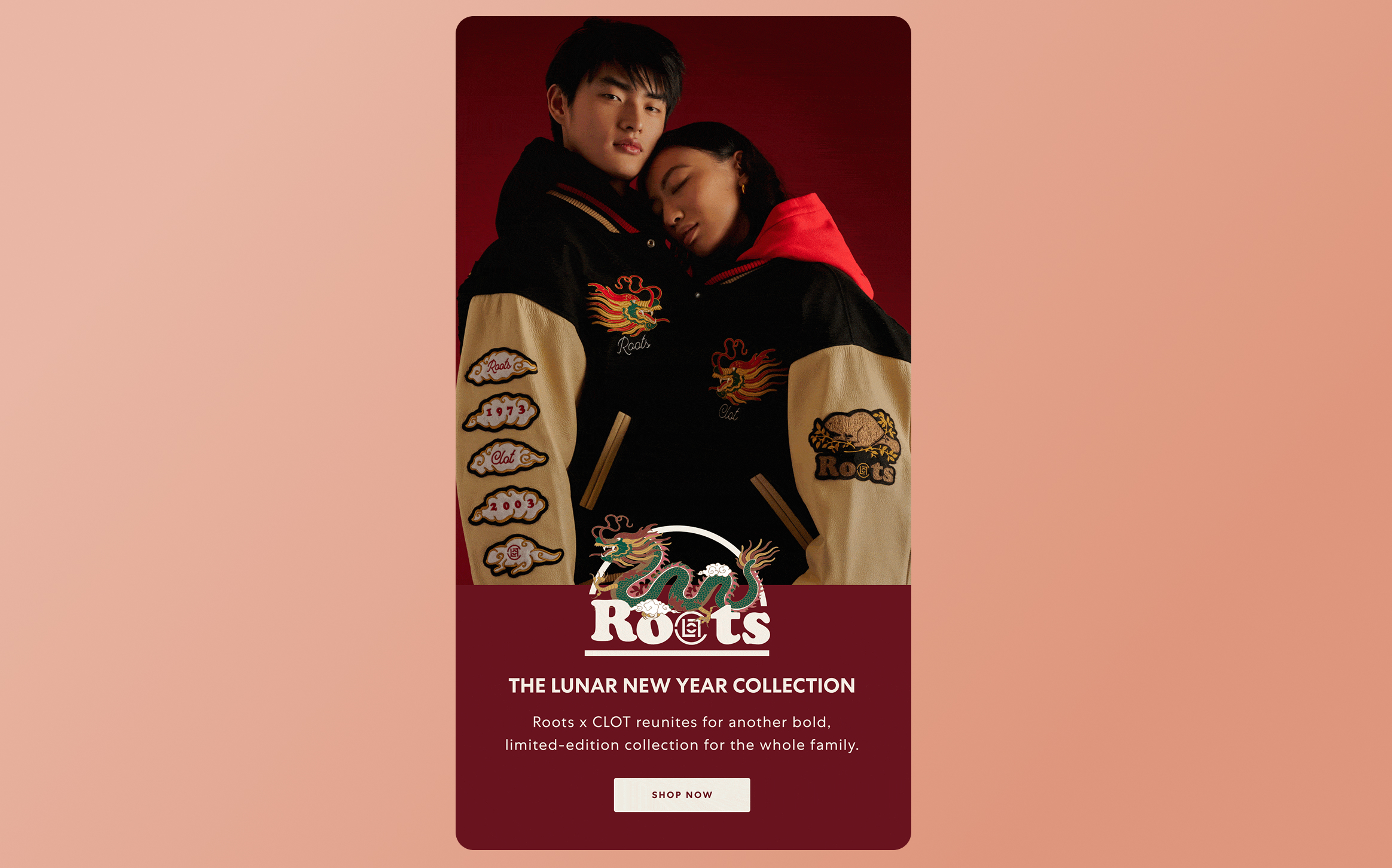 Two models wear matching embroidered varsity jackets against a red backdrop, promoting Roots' Lunar New Year Collection.