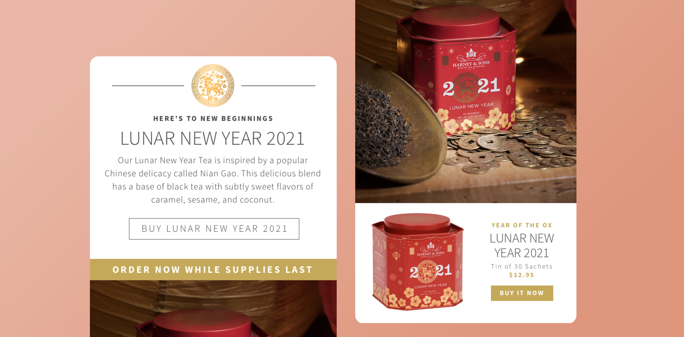 Promotional collage for Lunar New Year 2021 featuring a red tea tin, gold coin-era designs, and a white card with a 'Lunar New Year 2021' message on a peach background. 