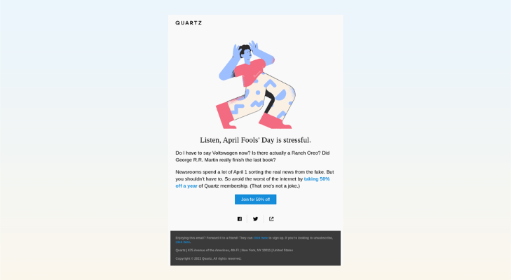 Quartz April Fool's Day Email Campaigns & Subject Lines