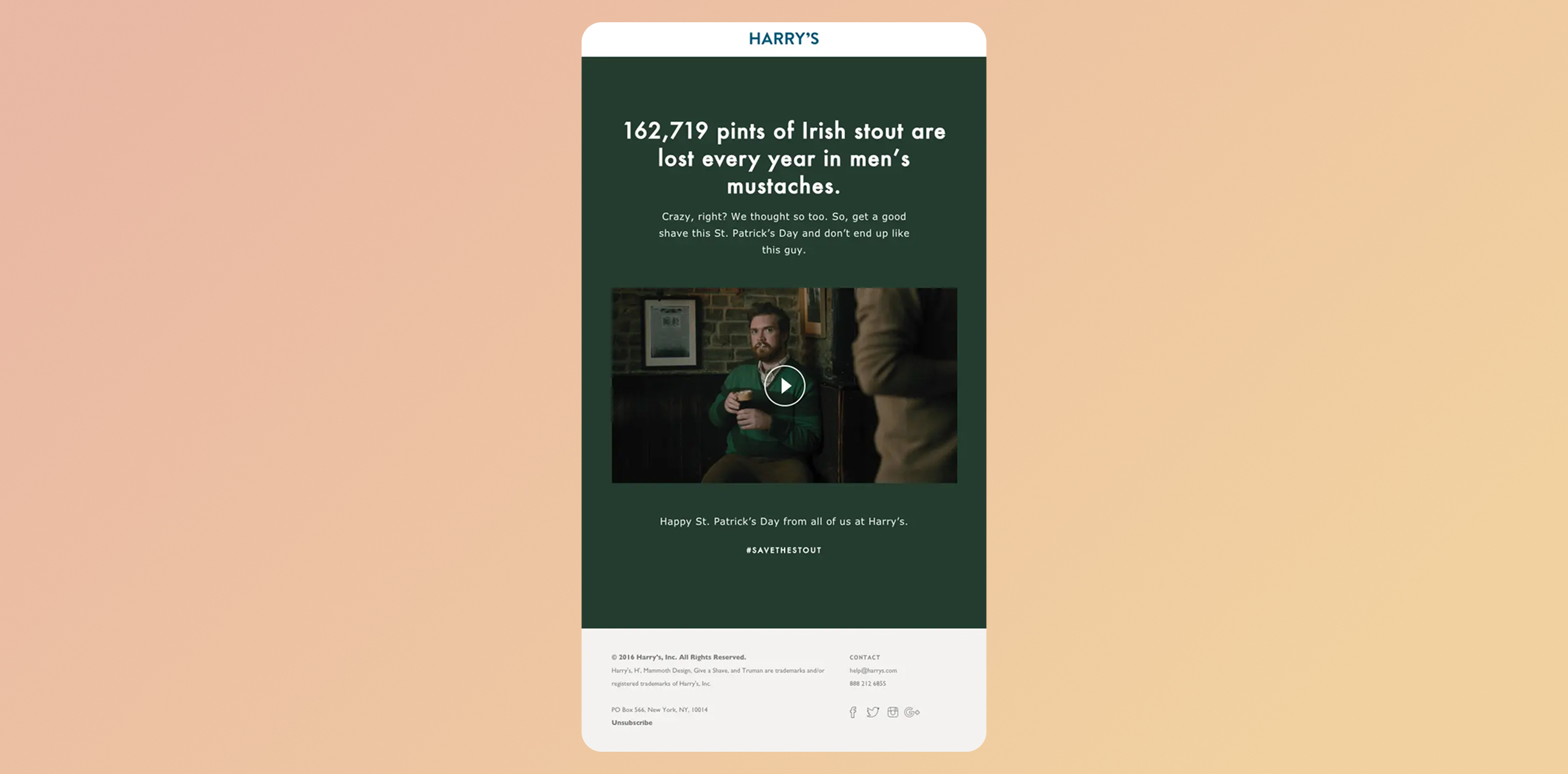 Harry's promo card with a St. Patrick's Day stat: 162,719 pints of Irish stout are lost each year in men&rsquo;s mustaches; video thumbnail below.