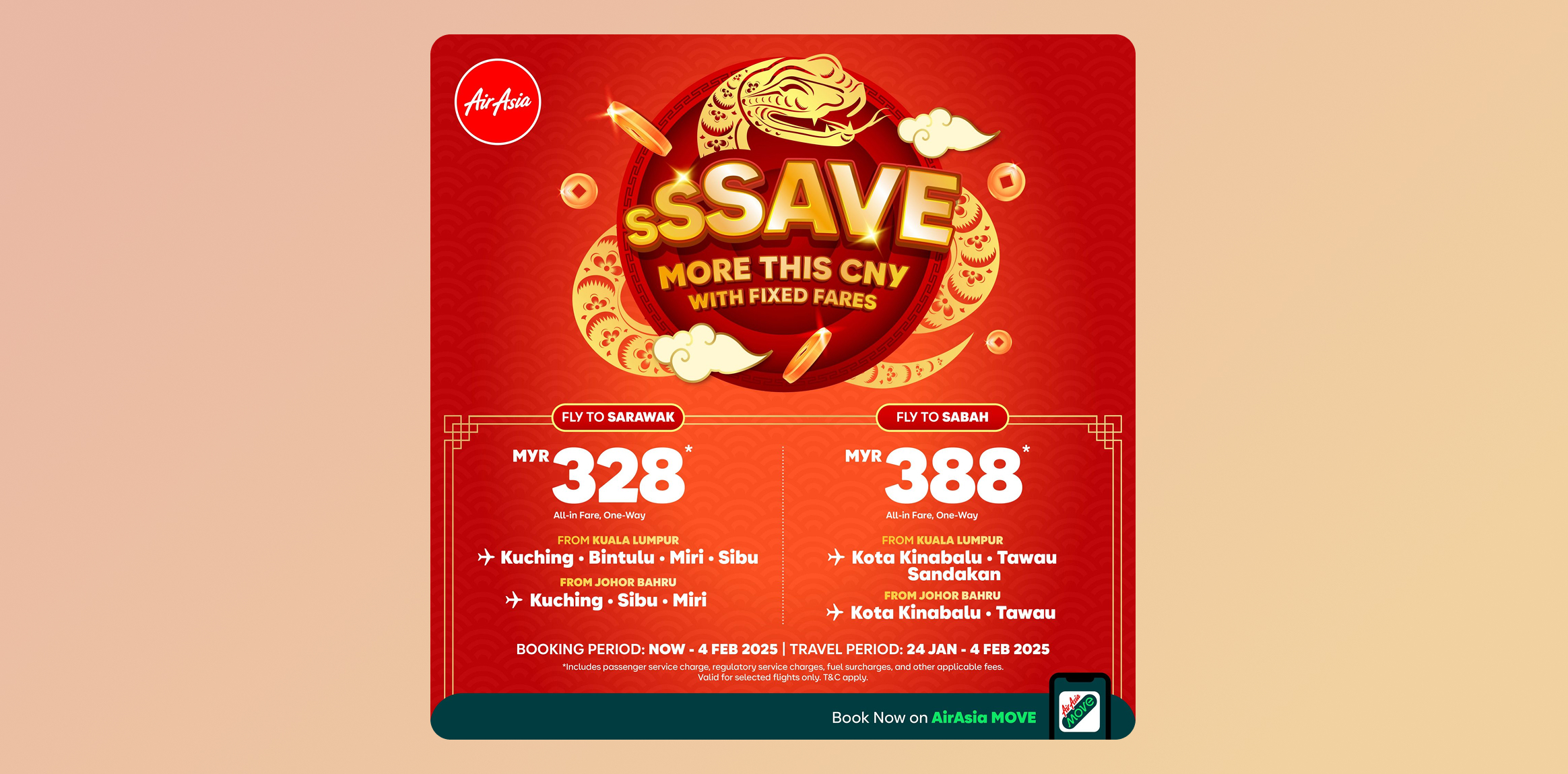 AirAsia red promotional poster with a gold dragon and large 'SAVE' headline advertising fixed-fare flights to Sabah and Sarawak from Kuala Lumpur across multiple routes, with prices shown as 328 and 388 MYR (CNY sale).