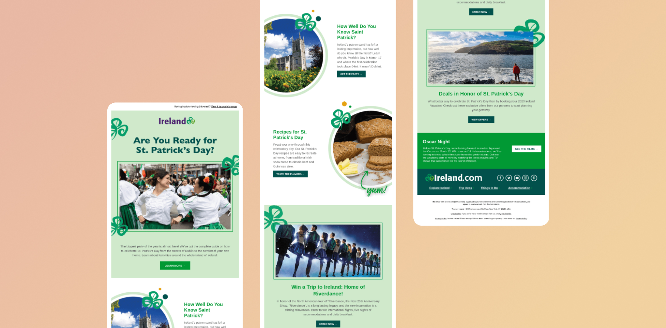 Promotional Ireland St. Patrick's Day banners with shamrocks, a church, coastline, and celebrating crowds in green.