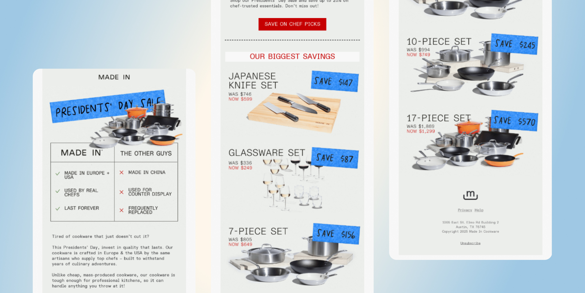 Promotional collage for Presidents' Day cookware sale showing pots, pans, knife and glassware sets with blue sale notes and prices.