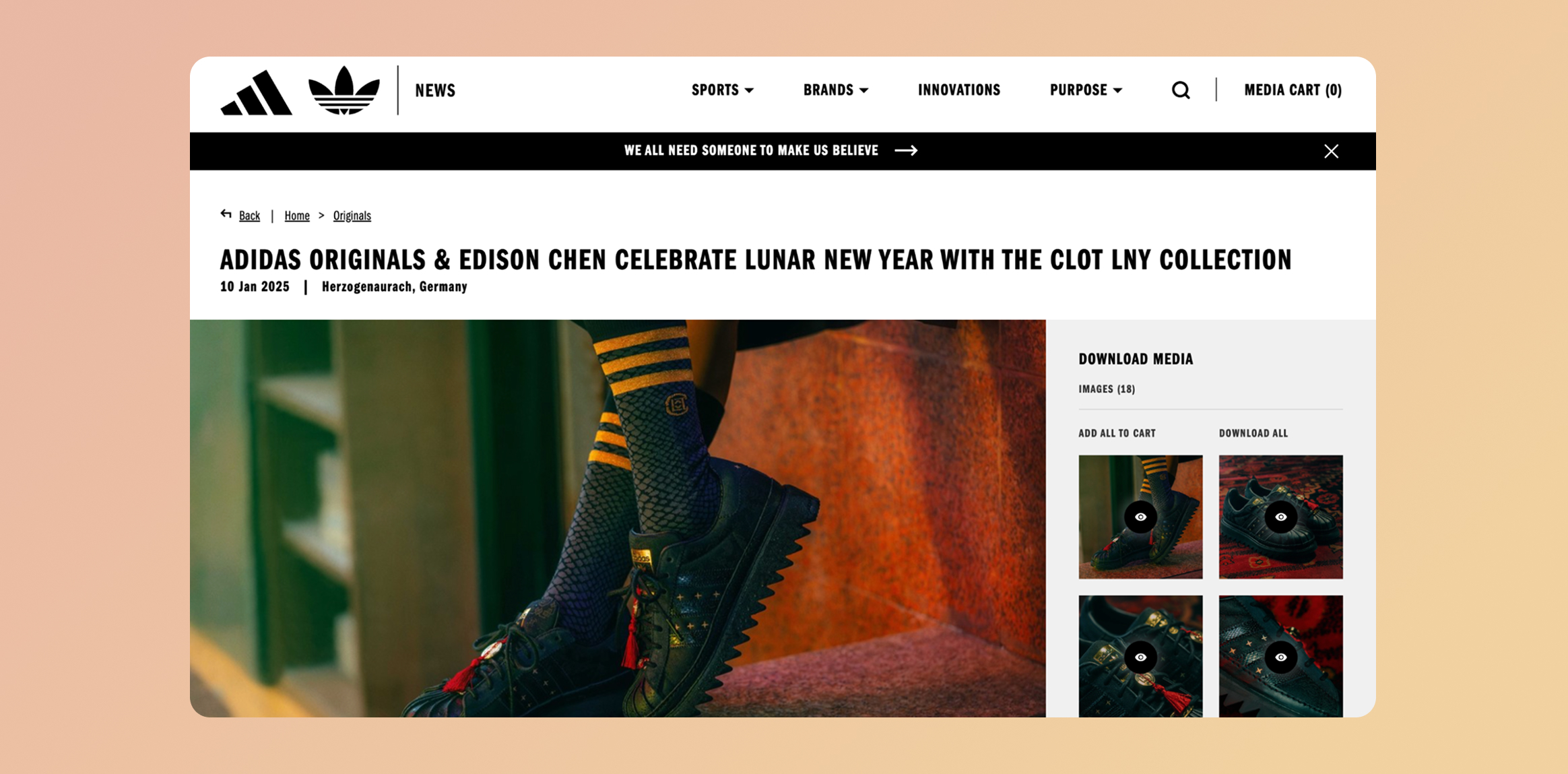 CLOT LNY (Lunar New Year) Collection - Adidas Originals. Hero image for Adidas Originals Lunar New Year collection article: close-up of a black shoe with yellow stripes against a warm background, article header visible above.