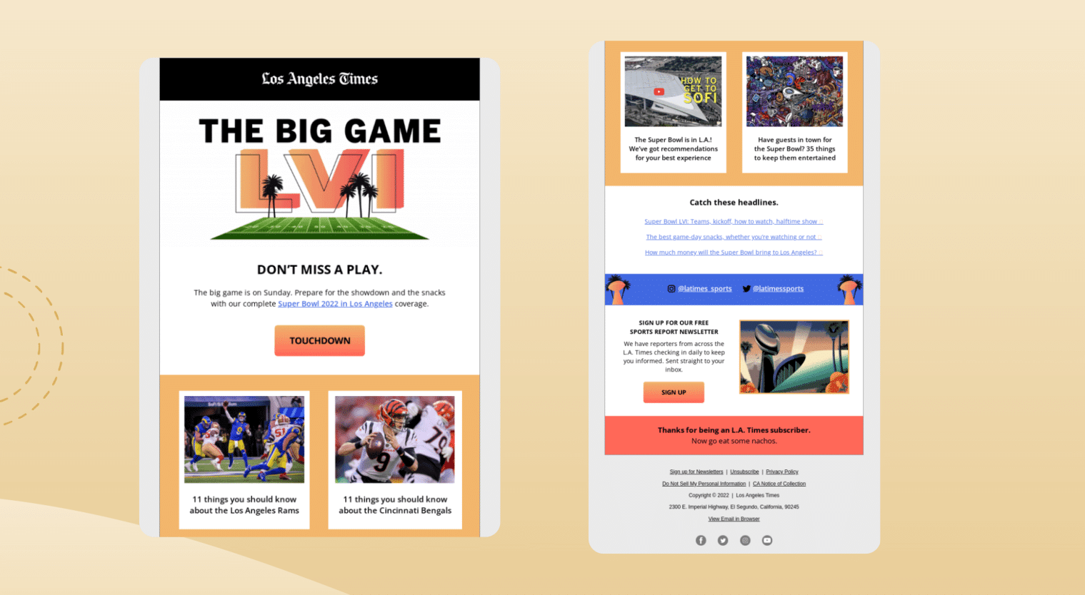 Celebrate Post-Game Wins (or Losses) - Superbowl Email Examples by Los Angeles Times