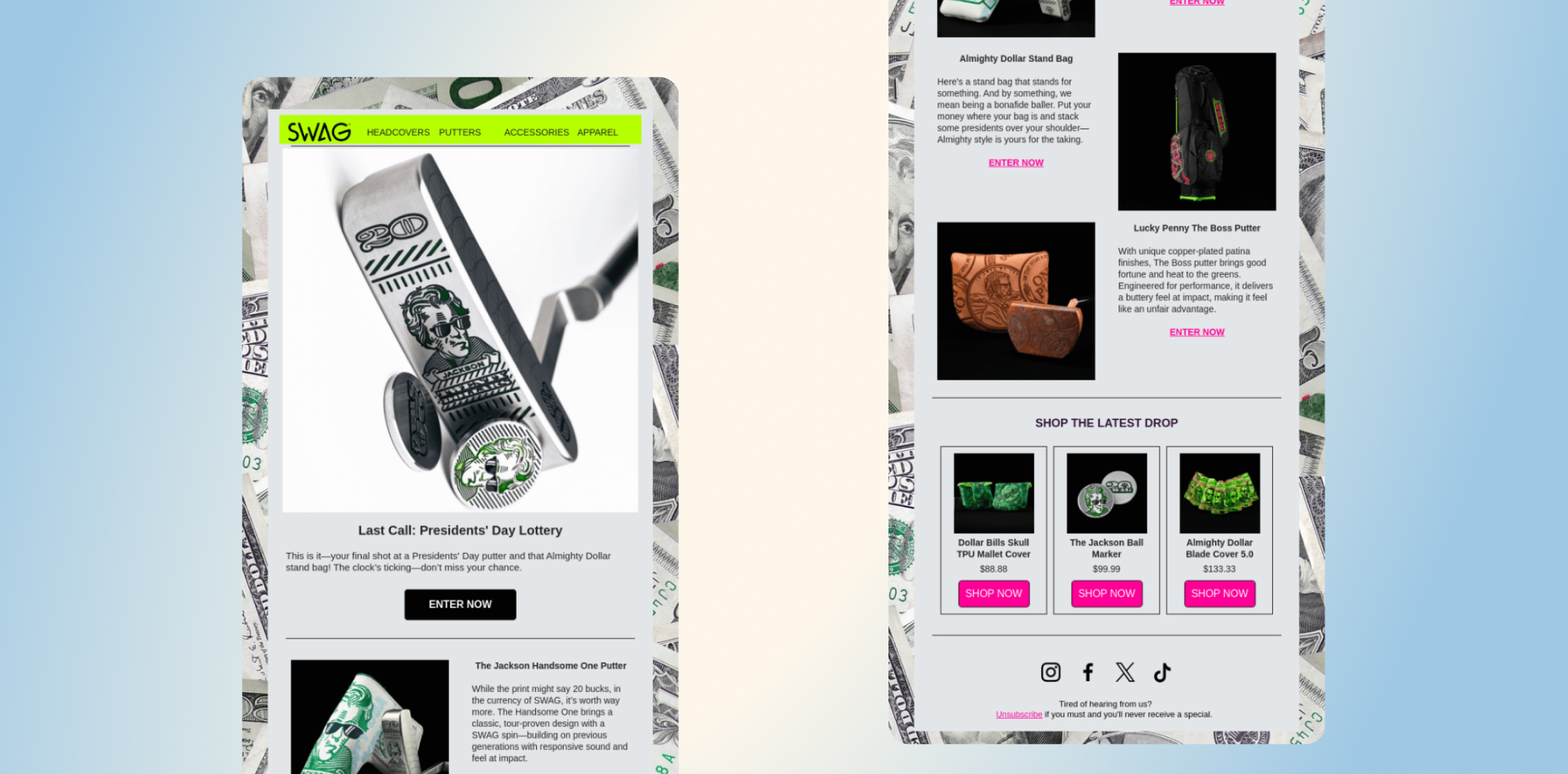 Promotional webpage collage for SWAG, highlighting a large product image on the left and a sidebar of items with 'Enter Now' links on the right, against money-pattern borders.