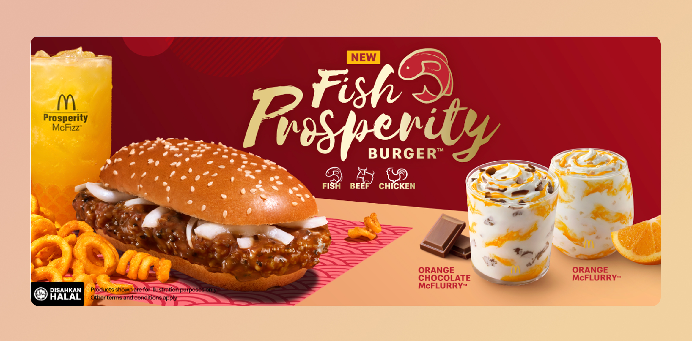 Fish Prosperity Burger for the Chinese New Year - McDonalds Malaysia. Advertisement for McDonald's Fish Prosperity Burger with fries, orange beverages, and desserts on a red background.