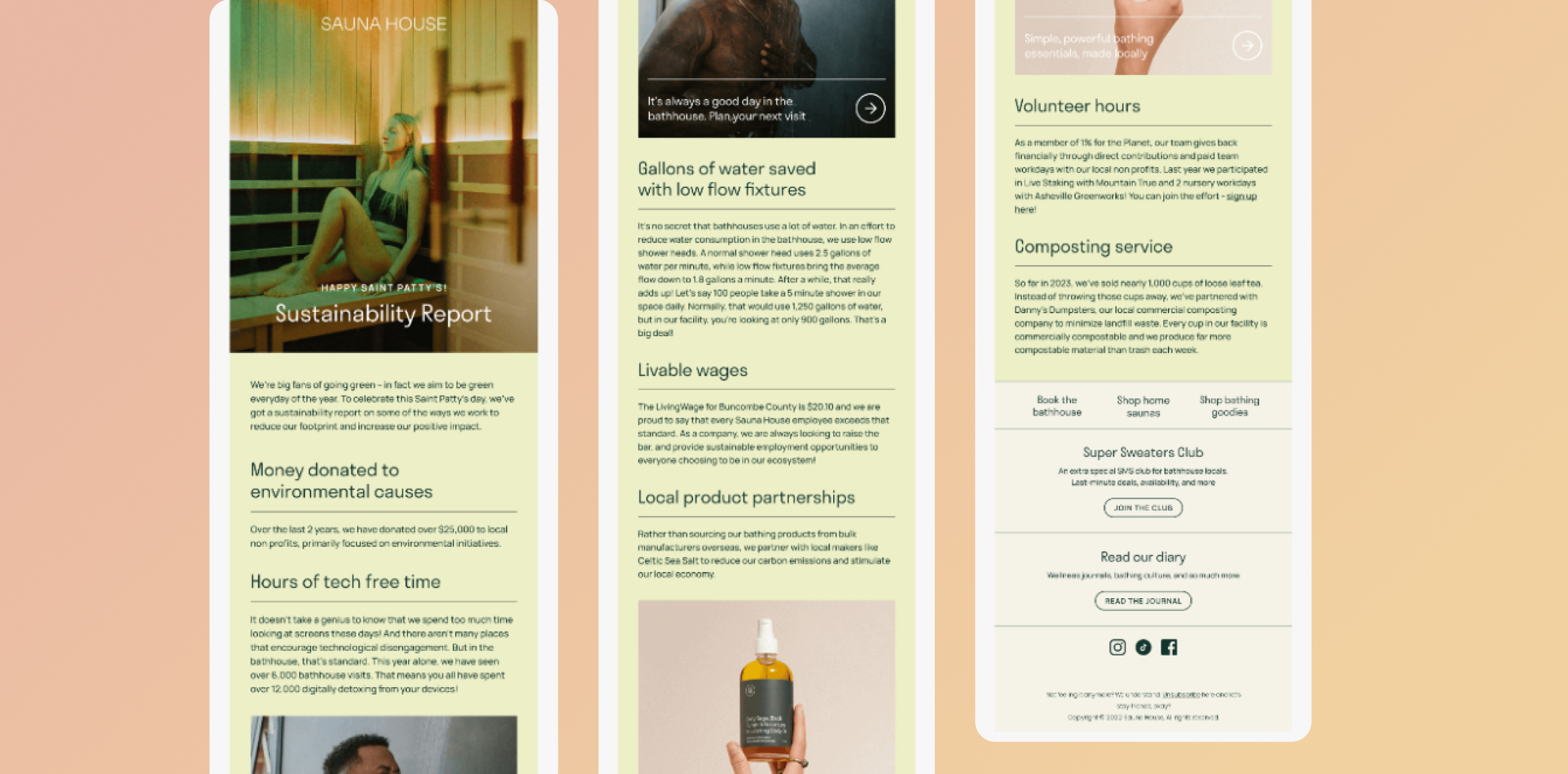 Three-panel sustainability report layout: left image shows a person in a sauna with 'Sustainability Report' text; center column discusses water savings; right column lists volunteer hours and composting services on a pale page.