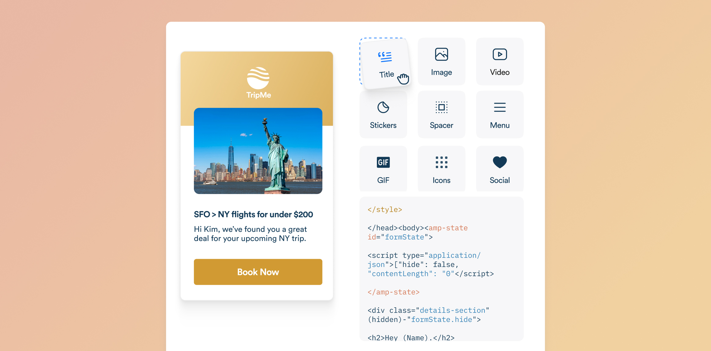 Interactive Emails - St. Patrick&rsquo;s Day Email Marketing Strategy - Travel promo card with TripMe logo, gradient hero, NYC skyline photo, and a 'Book Now' button on a white card background.