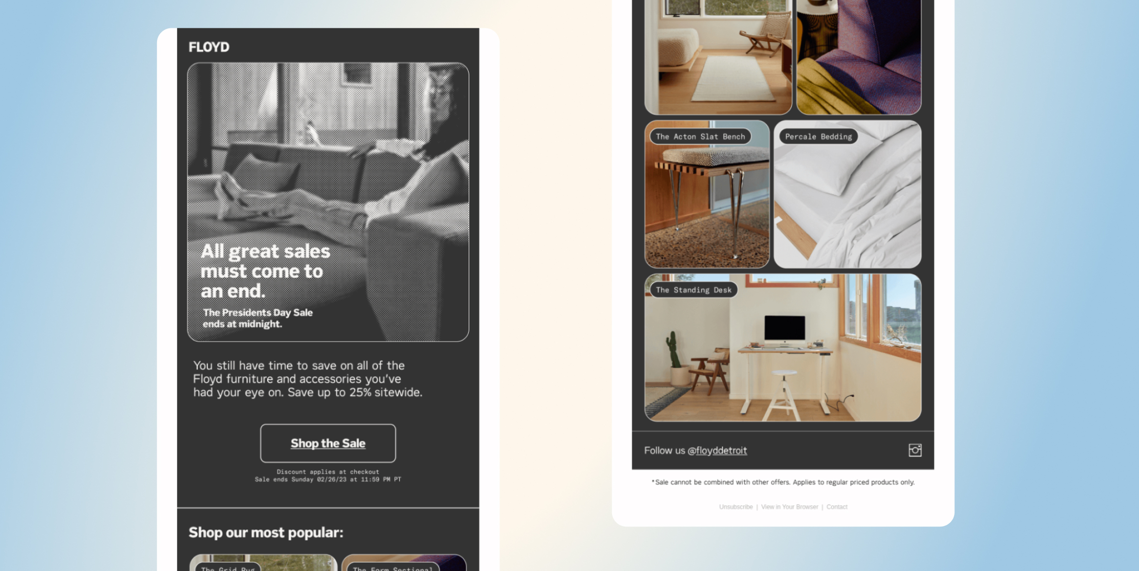 Split-screen ad: left panel shows Floyd sale promo in grayscale with a 'Shop the Sale' button and sale text; right panel is a grid of furniture collage with product captions and a 'Follow us @floyddetroit' line.