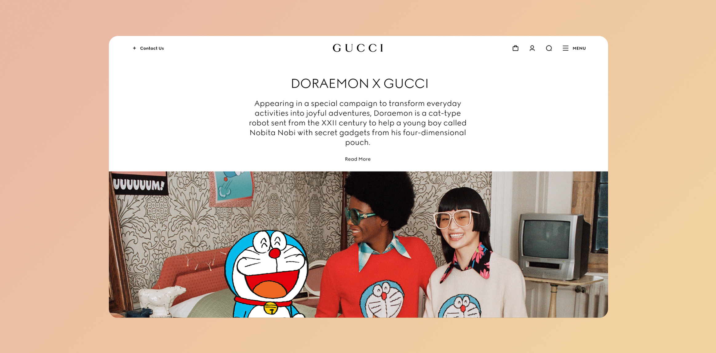 Partner with Luxury Fashion Brands - Top Chinese:Lunar New Year Marketing Campaign Idea. Gucci campaign hero showing people in Doraemon-themed outfits in a retro living-room setting for Doraemon x Gucci