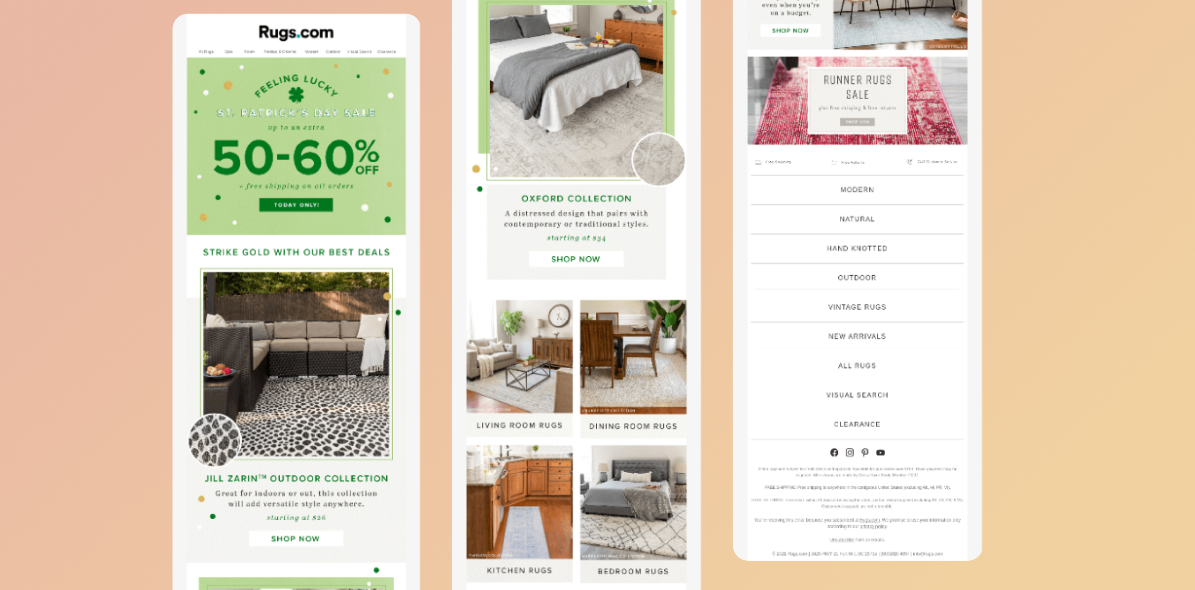 St. Patrick&rsquo;s Day Email Marketing Strategies - Three mobile previews of Rugs.com: a large green 50&ndash;60% off sale banner, product tiles, and a vertical categories/menu list on a peach background.