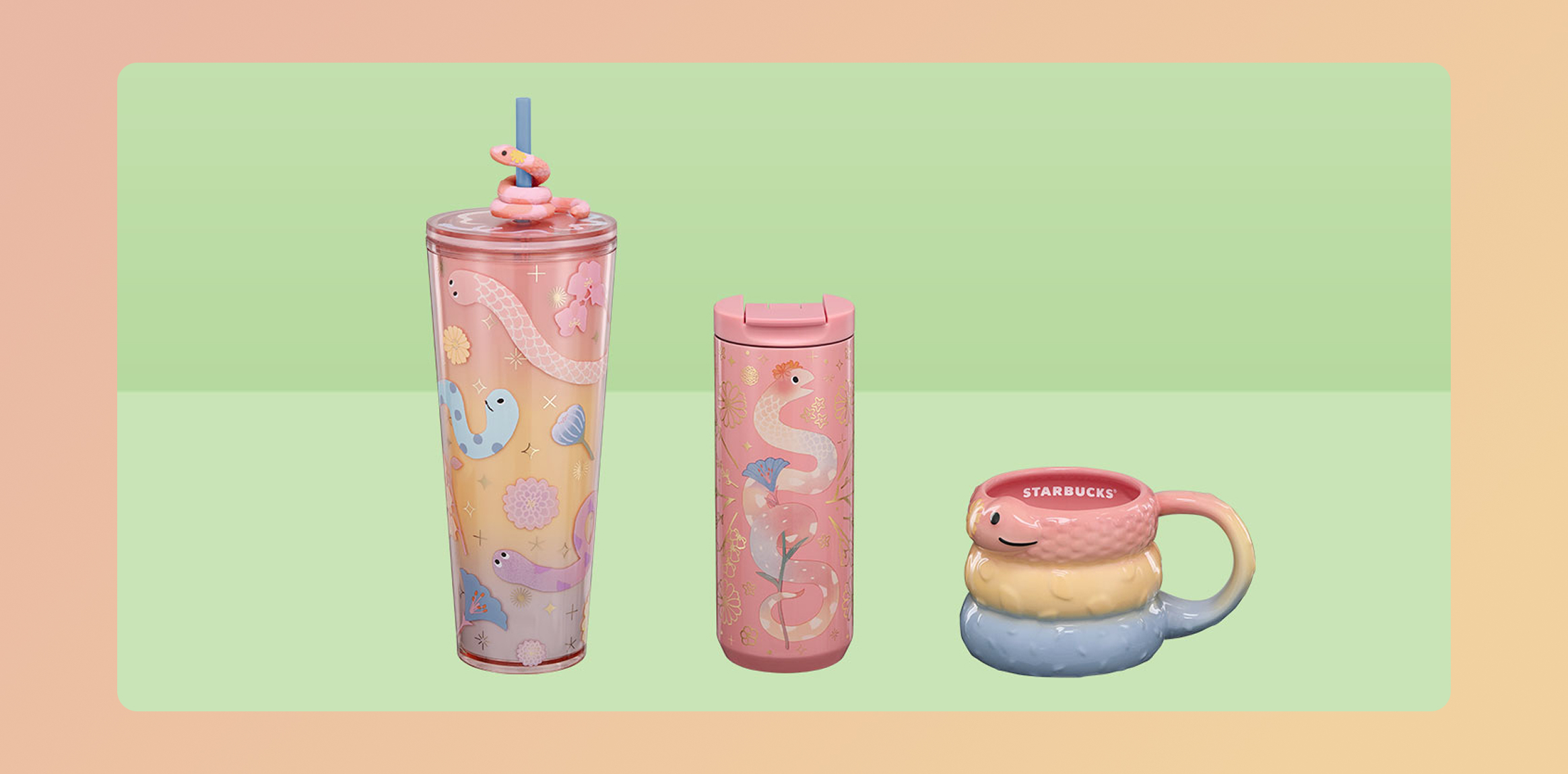 Starbucks - Year of the Snake merchandise. Three pastel pink drinkware pieces with animal decorations on a mint green background.