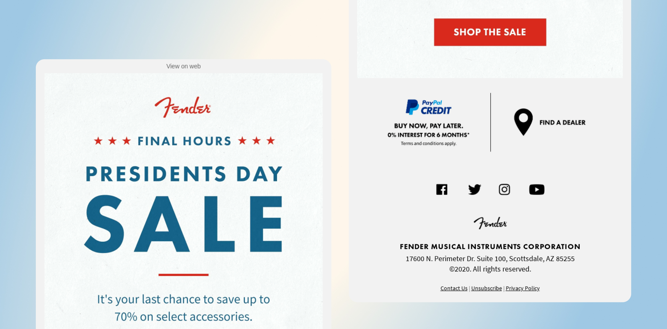 Left: Fender Presidents Day sale poster; right: footer with 'Shop the Sale' button, payment/dealer icons, social icons, and Fender contact info.