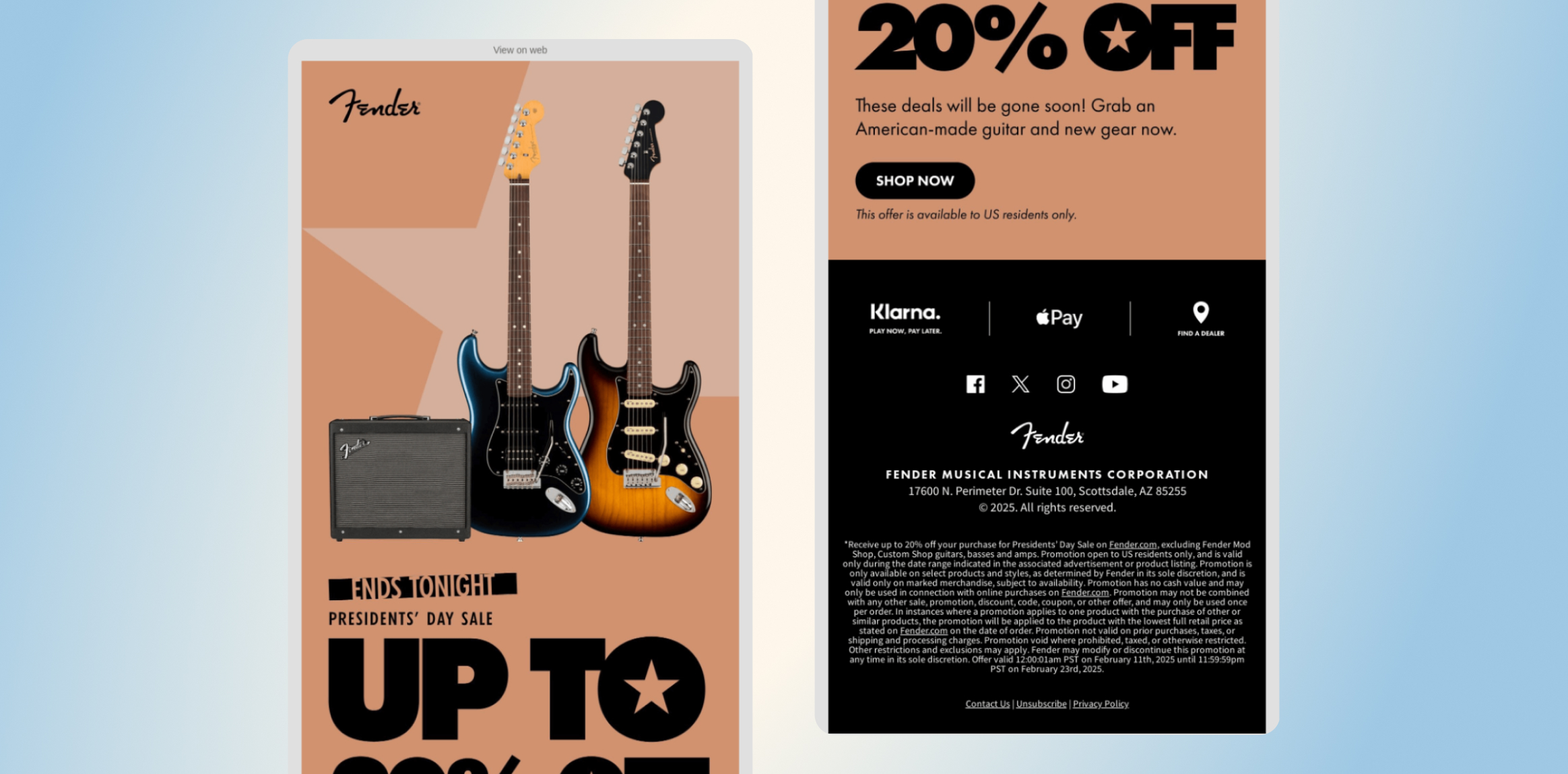 Two vertical banners side by side: left shows Fender guitars on an orange background with 'UP TO 20% OFF' text and a guitar amp; right shows a 20% OFF promo with a 'SHOP NOW' button and a black footer with payment logos and policy text.