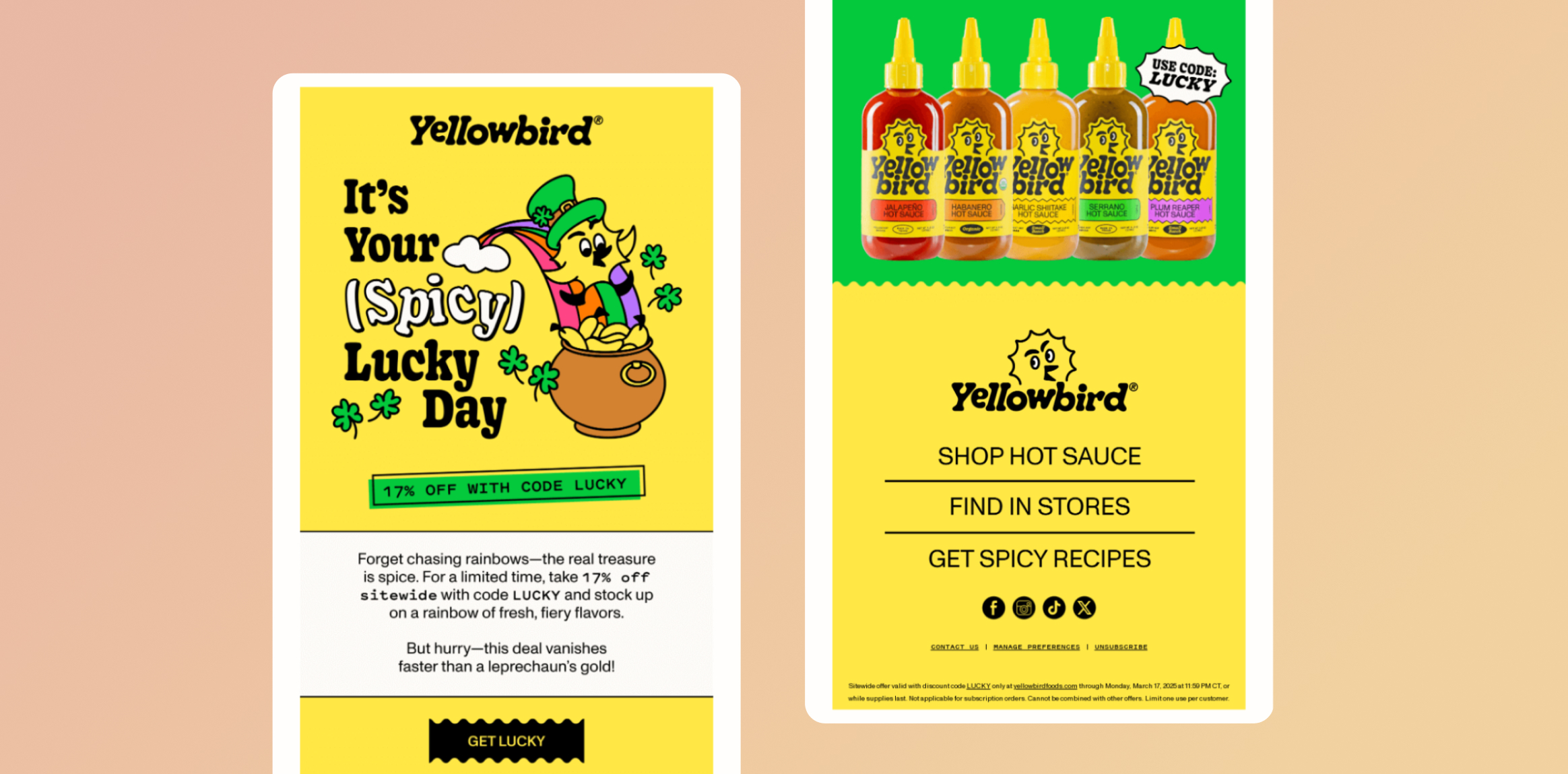 St. Patrick&rsquo;s Day Email Marketing Strategies - Left panel: Yellowbird ad with a leprechaun and pot of gold on yellow background reading 'It&rsquo;s Your (Spicy) Lucky Day' and a '17% off with code LUCKY' banner; colorful promo image while promoting spice. 