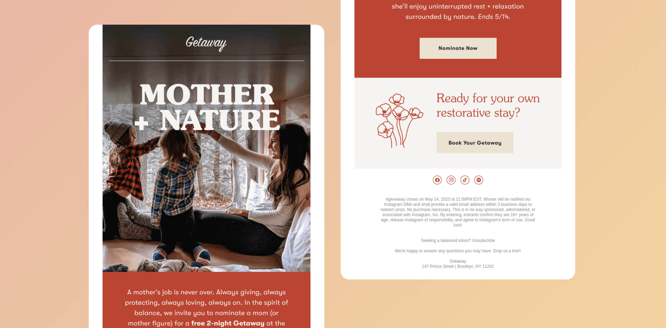 Getaway Mother's Day Email Example Mother + Nature Contest
