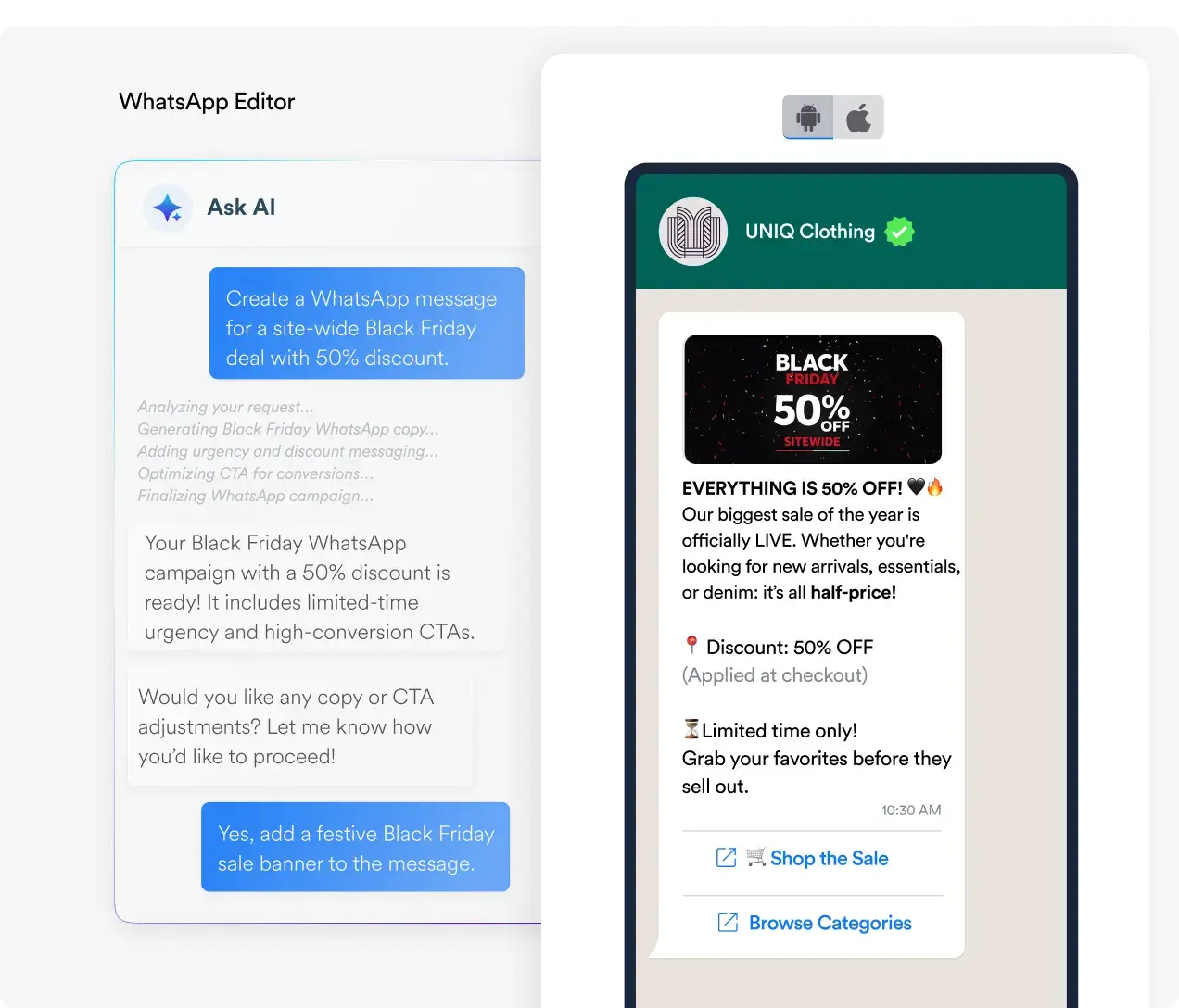Measure WhatsApp campaign performance and ROI with in-depth analytics, click tracking, and behavioral data insights.